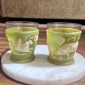 Incolay Stone ~ Vintage ~ USA ~ Green Carved Bull Design ~ 2 Bar Ware Glasses